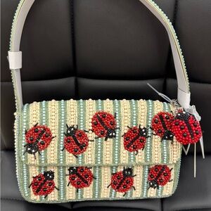 Beaded Ladybug Handbag - Cream, Red, Green